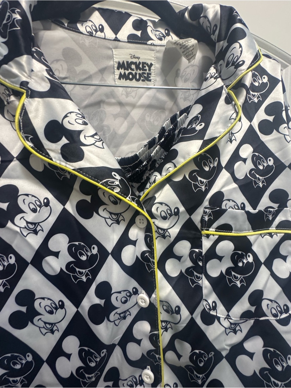 Disney Black and White Mickey Mouse Print Satin Pajama Top with Yellow Trim - Picture 5 of 6